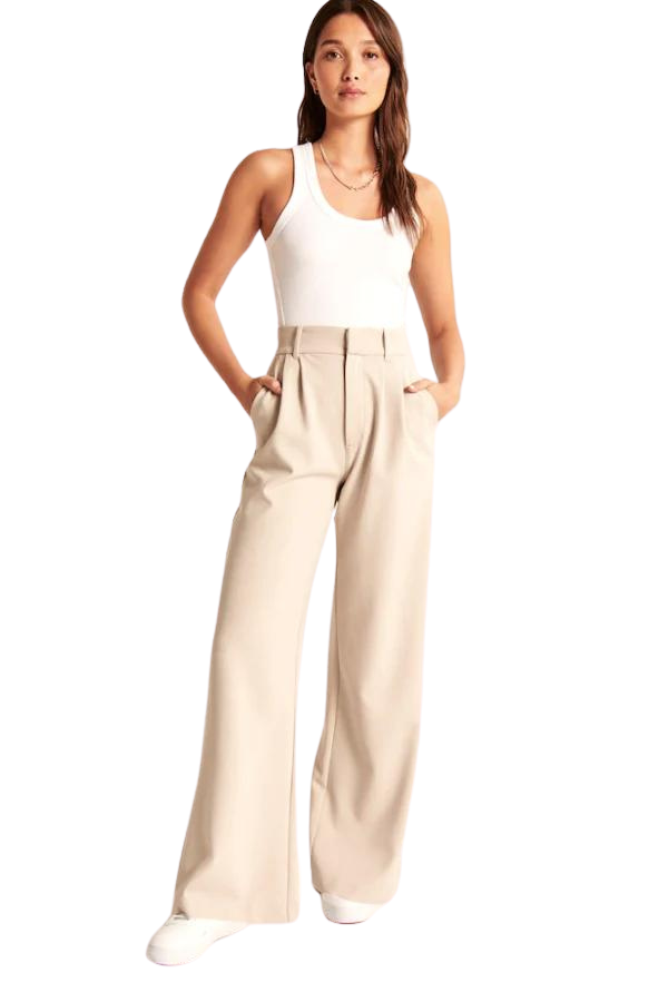 Beige Wide Leg Tailored Pants